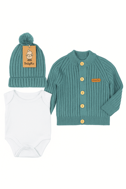 Atmungsaktives grünes 4-teiliges Strick-Baby-Set
