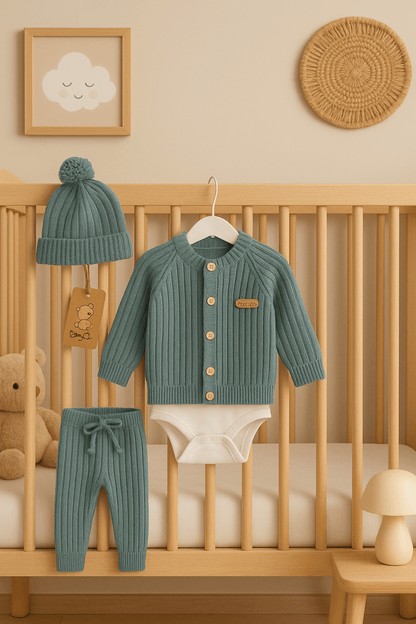 Atmungsaktives grünes 4-teiliges Strick-Baby-Set