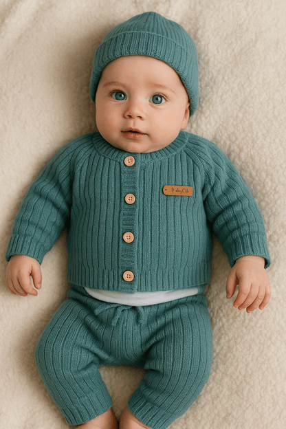 Atmungsaktives grünes 4-teiliges Strick-Baby-Set