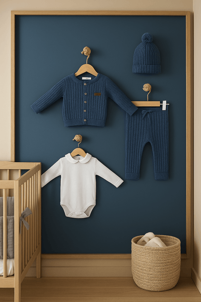 🧵 Detailliertes 4-teiliges Baby-Strickset mit Emblem – Weiche, strukturierte Premium-Strickware