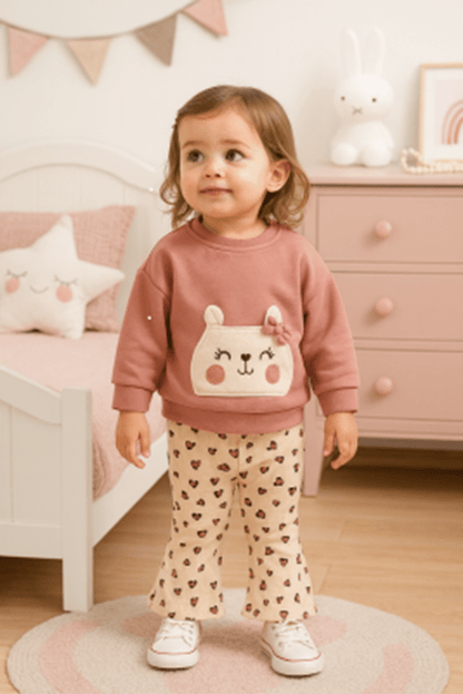 🧸 Tatlı Ayıcık Nakışlı Kalp Baskılı 2'li Bebek Takım